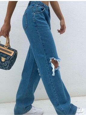 Tiger  Mist Sofia High-Waist Wide Leg Blue Distressed Jeans